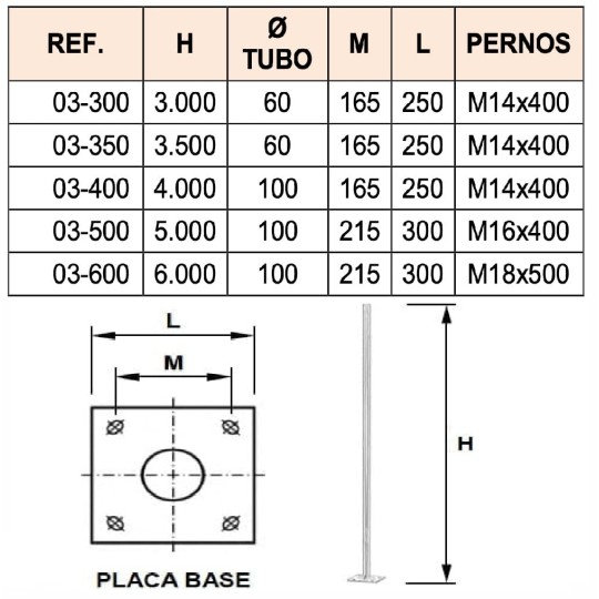 Columna cilíndrica farola báculo acero 3-6mts