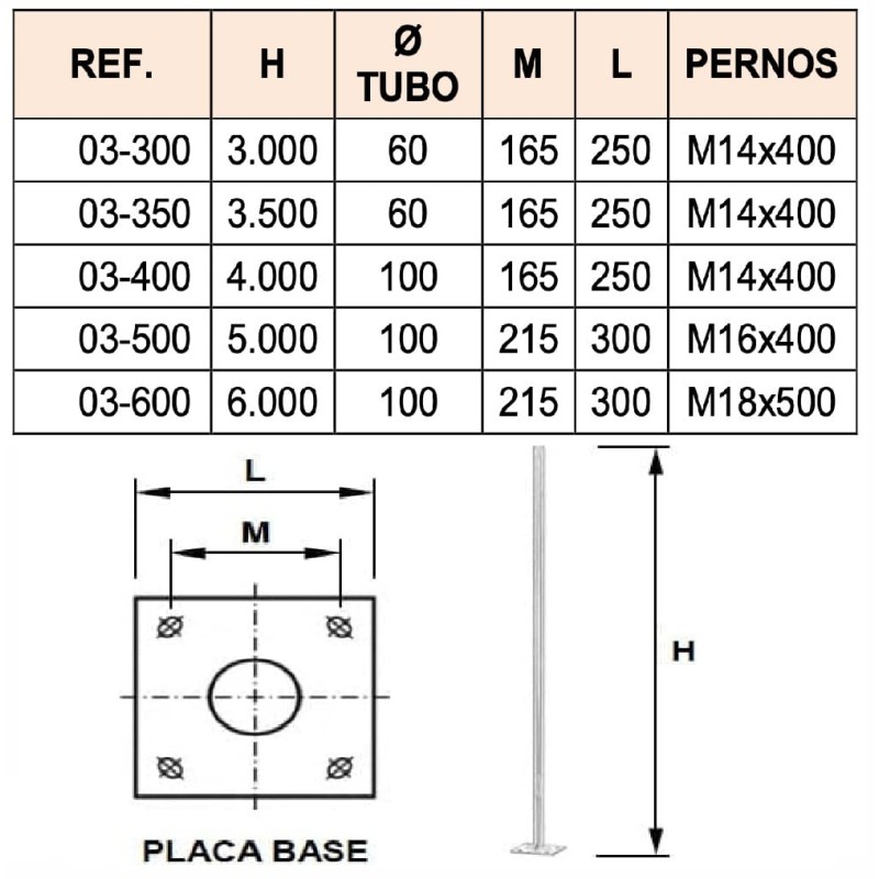 Columna cilíndrica farola báculo acero 3-6mts