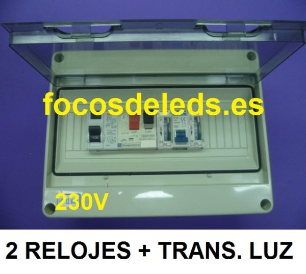 Cuadro eléctrico piscina protección bomba 0,5 - 0,75 - 1CV - 1,5CV 230V monofasico + 2 relojes + foco